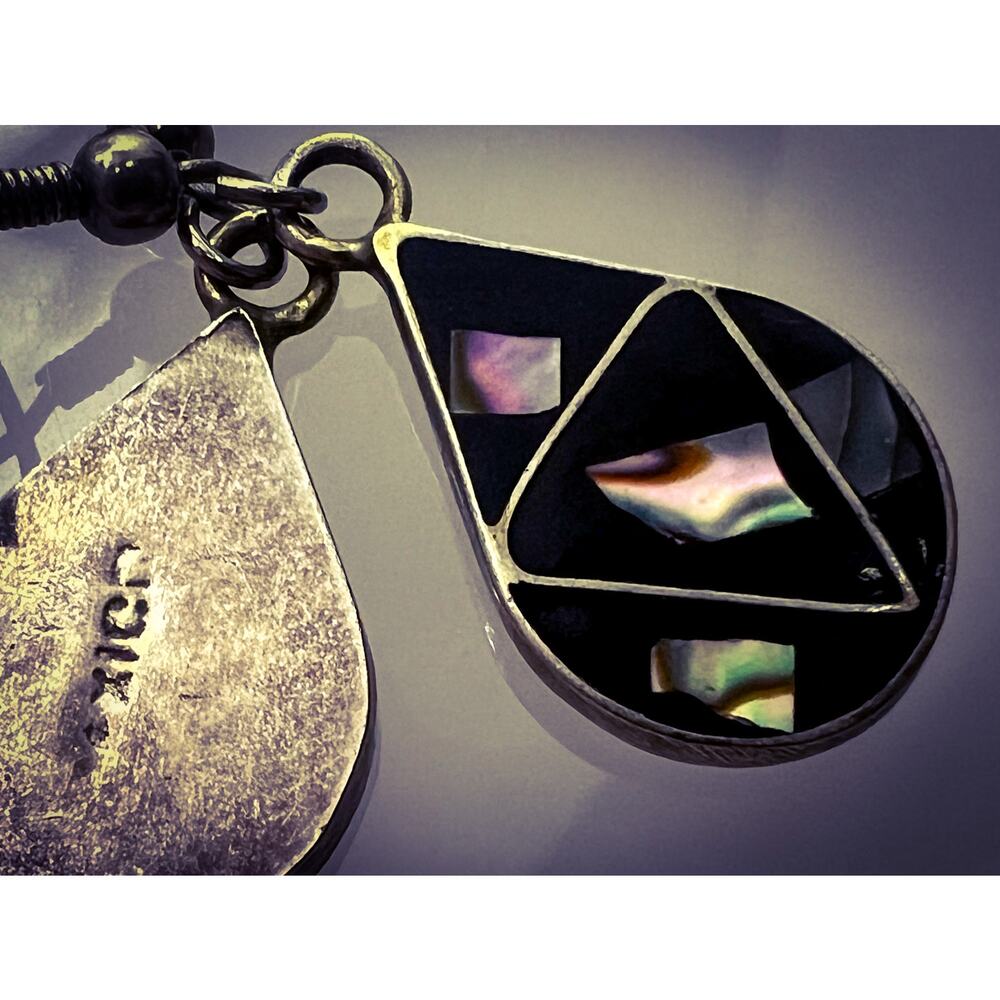 Vintage Mexico Silver Black Geometric Abalone Shell Inlay Teardrop Earrings - Picture 2 of 5